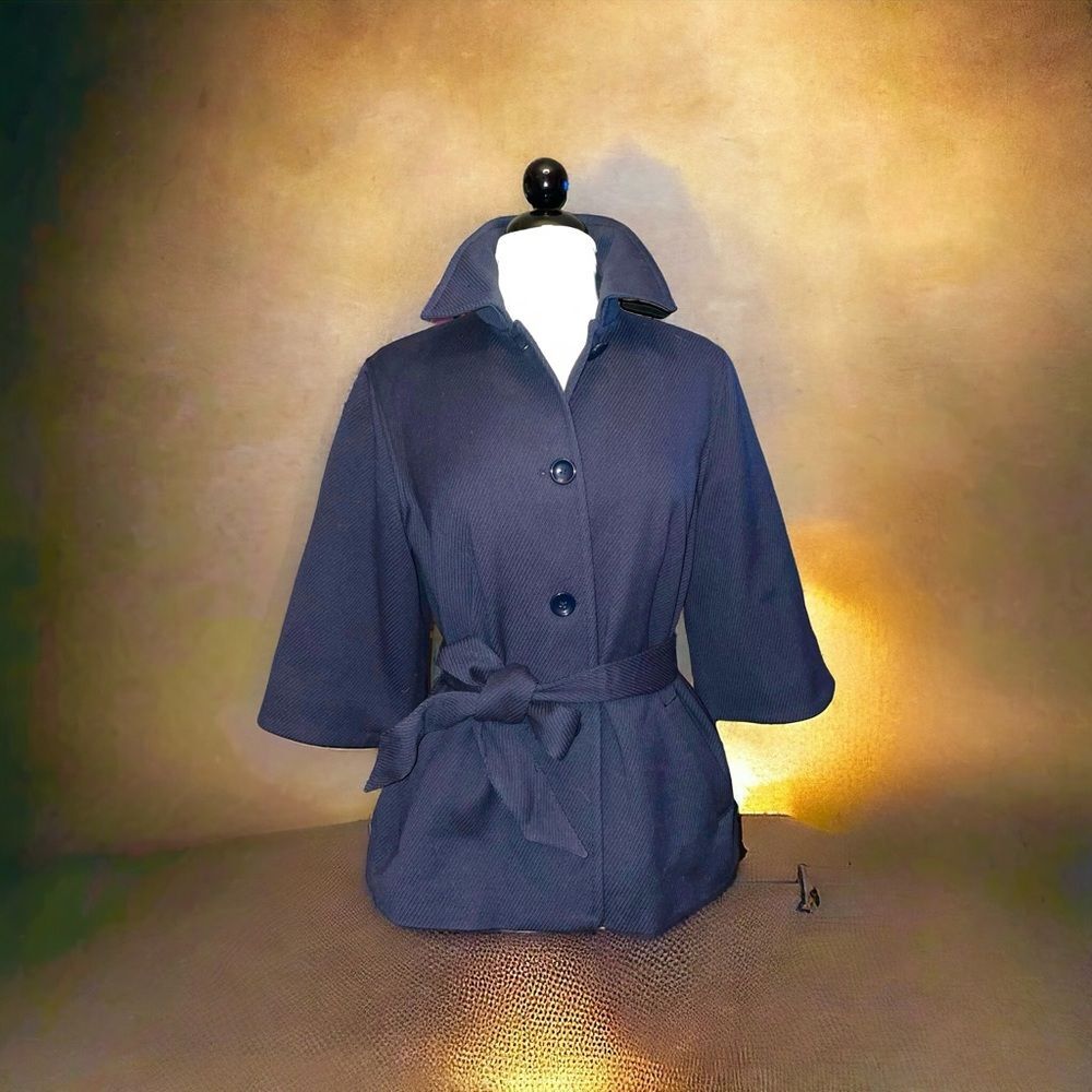 GAP Belted Blazer Jacket 3/4 Sleeves Blue Ribbed Virgin Wool Fabric Sz L NWOT